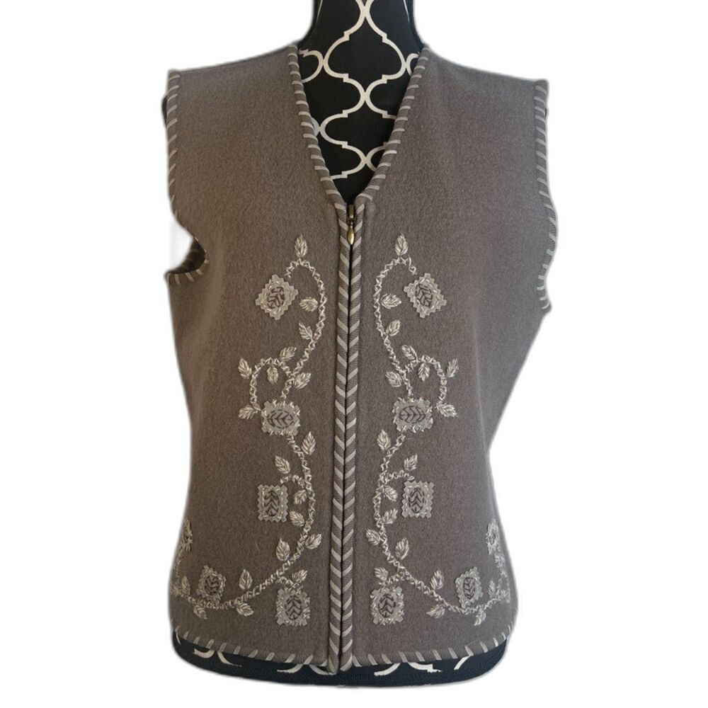 Woolrich Brown 100% Wool Embroidered Full Zip Sleeveless Vest Size Large